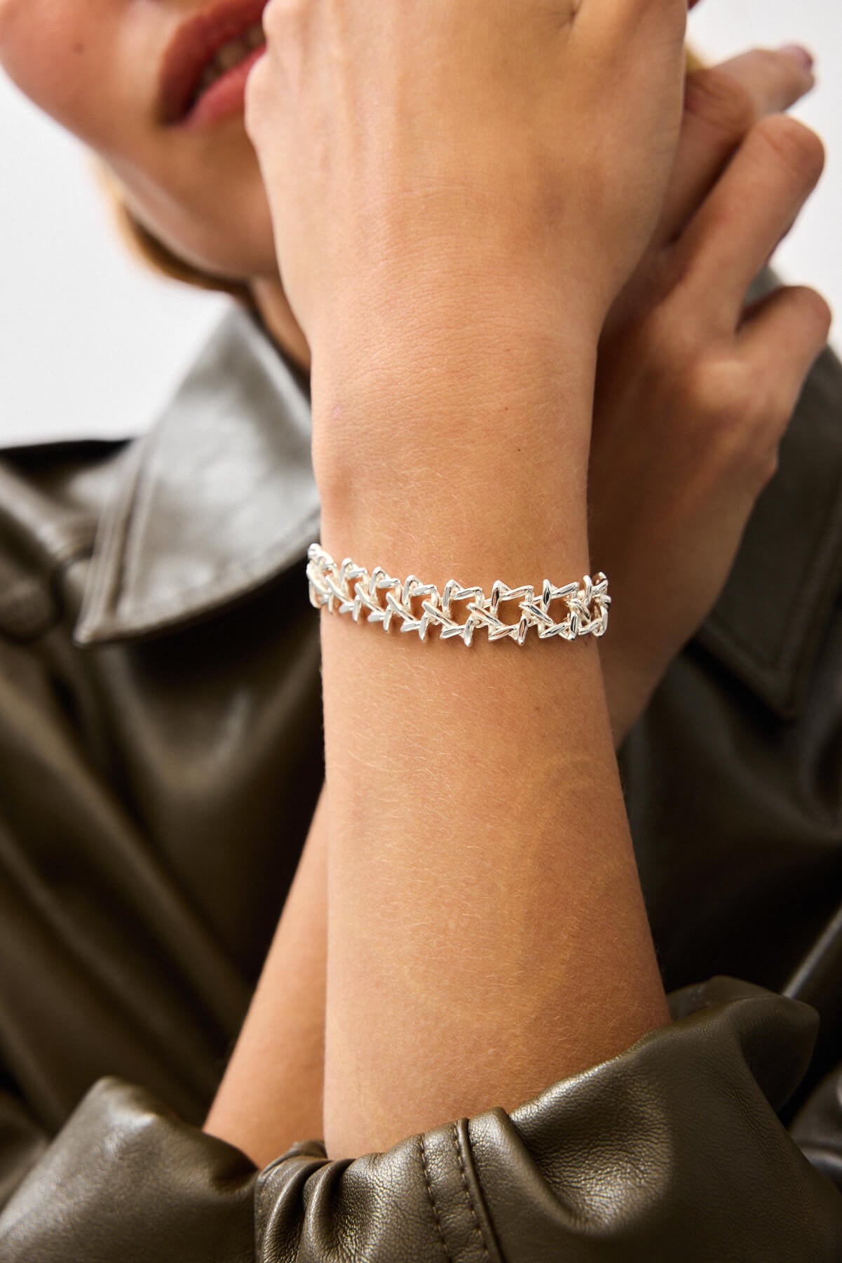 Close-up of the polished silver SOD Bracelet, Star Of David Motif Bracelet